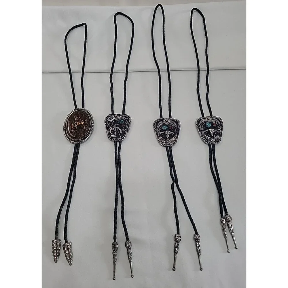Lot of 4 Vintage SSI Western Bolo Ties USA Genuine Turquoise Coral Steer Bronco
